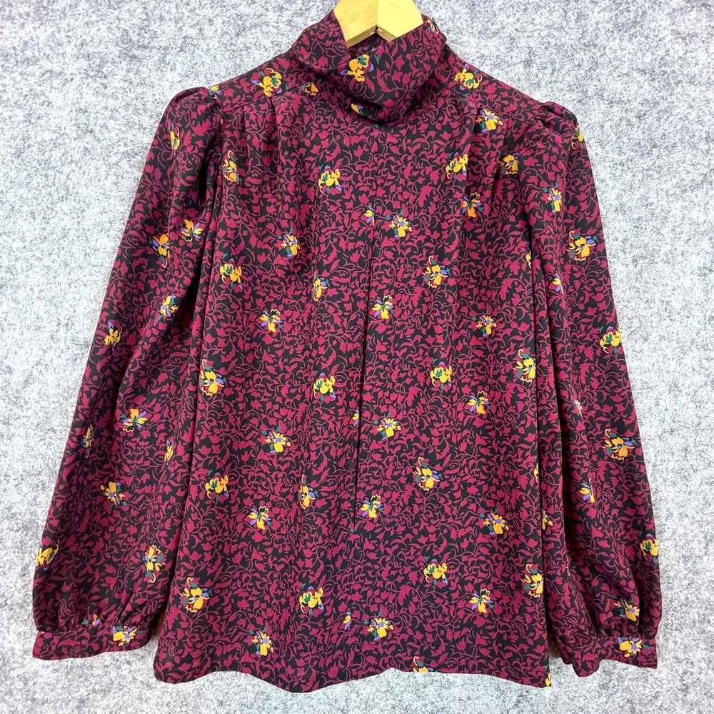 Vintage C'est Petite Secretary Blouse Womens Black Purple Floral‎ Retro Office